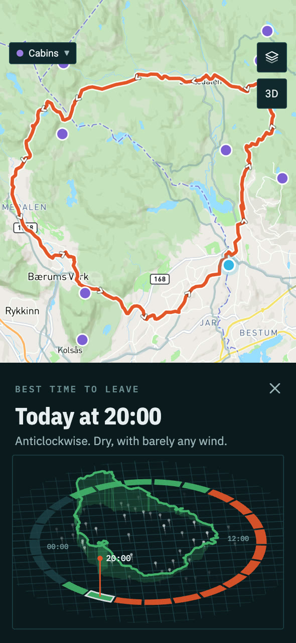 Linje on a phone: a 43 km loop on the map, and below it the best time to leave, today at 20:00, anticlockwise, with the ride stood up in 3D inside a ring of the day's hours, 20:00 picked